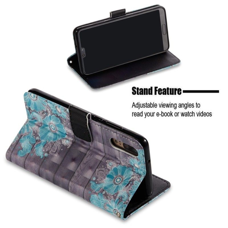 Leren Hoesje voor Huawei P20 3D Blauwe Bloemen
