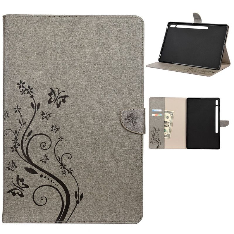 Leren Hoesje voor Samsung Galaxy Tab S7 Plus Grijs Zwart Bloemenvlinders