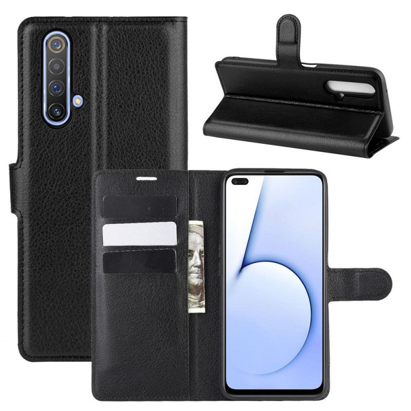 Leren Hoesje Realme X50 Wit Zwart Telefoonhoesje Klassiek Lychee-Effect