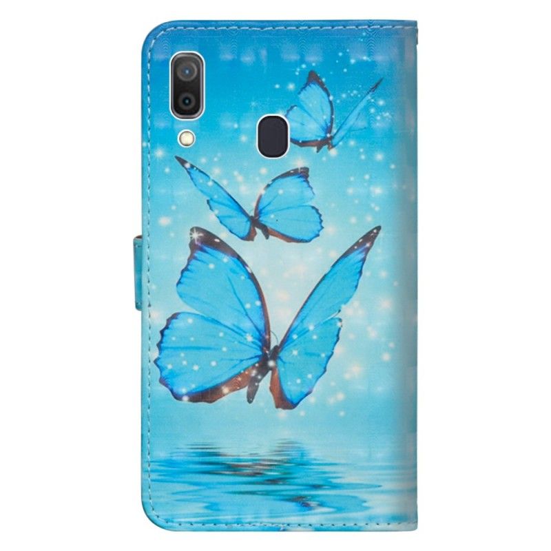 Bescherming Hoesje Samsung Galaxy A30 Telefoonhoesje Vliegende Blauwe Vlinders