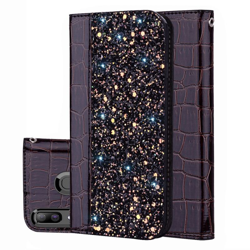 Folio-hoesje voor Samsung Galaxy A30 Oranje Zwart Krokodillenleer-Effect En Pailletten