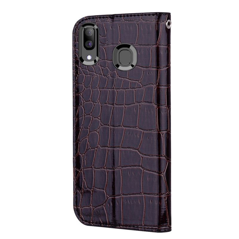 Folio-hoesje voor Samsung Galaxy A30 Oranje Zwart Krokodillenleer-Effect En Pailletten
