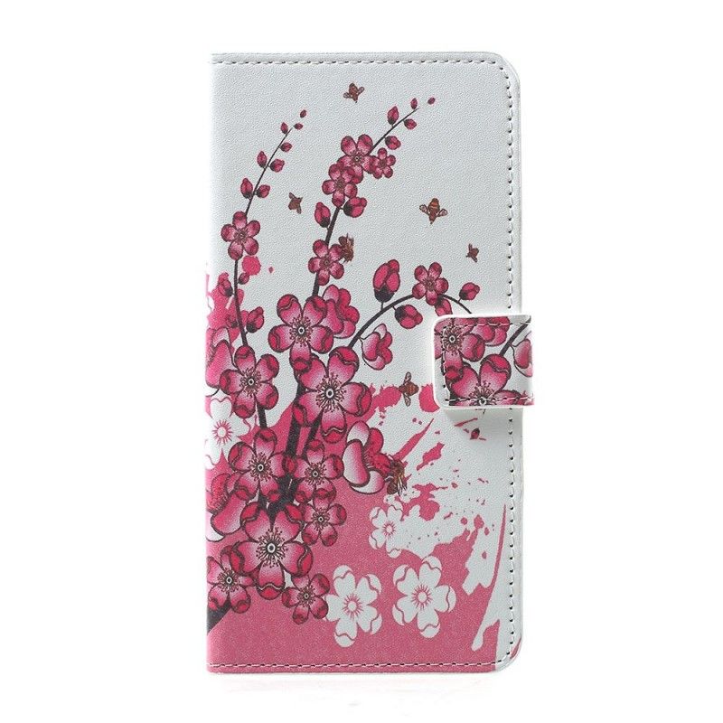 Leren Hoesje Samsung Galaxy A30 Magenta Telefoonhoesje Tropische Bloemen