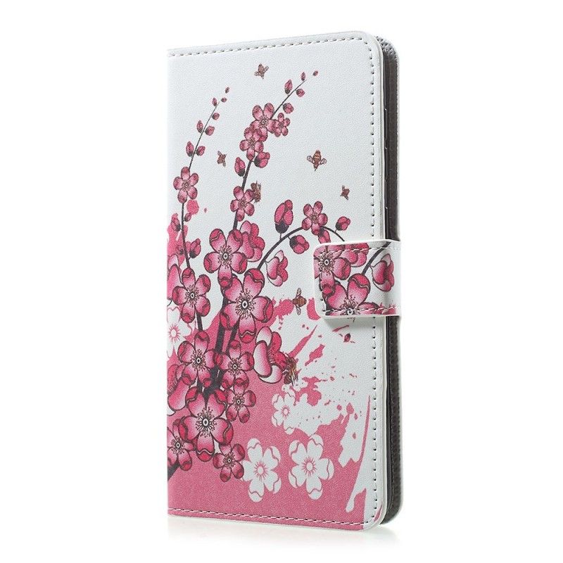 Leren Hoesje Samsung Galaxy A30 Magenta Telefoonhoesje Tropische Bloemen