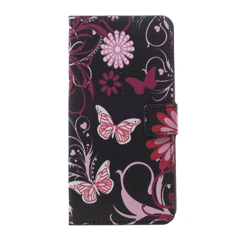 Leren Hoesje Samsung Galaxy A30 Paars Lichtblauw Telefoonhoesje Vlinders En Bloemen