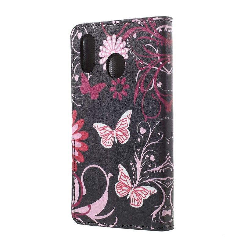 Leren Hoesje Samsung Galaxy A30 Paars Lichtblauw Telefoonhoesje Vlinders En Bloemen