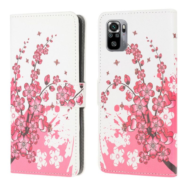 Cover Folio-hoesje Xiaomi Redmi Note 10 / Note 10S Roze Magenta Telefoonhoesje Tropische Bloemen
