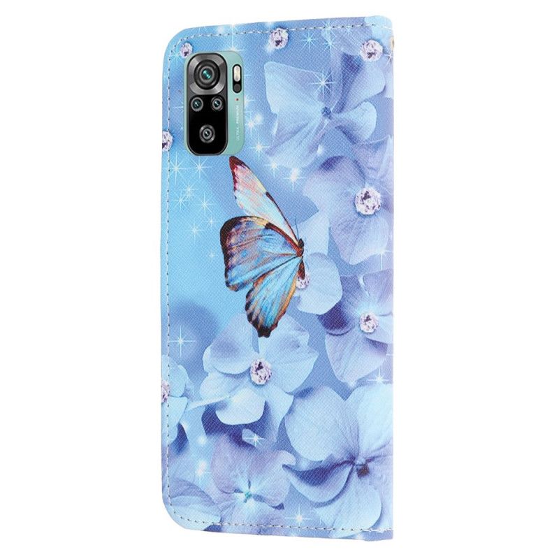 Leren Hoesje voor Xiaomi Redmi Note 10 / Note 10S Diamanten Vlinders Met String