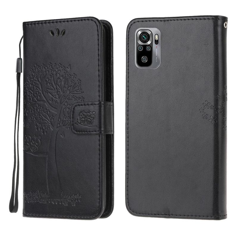 Leren Hoesje Xiaomi Redmi Note 10 / Note 10S Grijs Zwart Boom En String Uilen