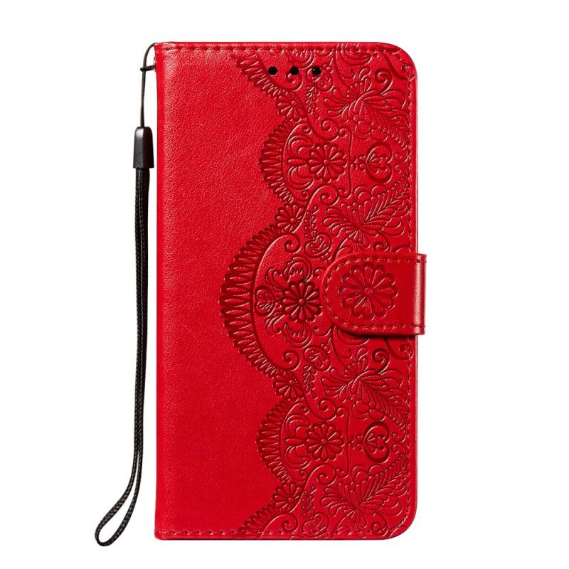 Leren Hoesje Xiaomi Redmi Note 10 / Note 10S Lichtblauw Rood Bloemenborduurprint