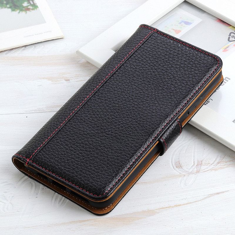 Leren Hoesje Xiaomi Redmi Note 10 / Note 10S Rood Zwart Naden In Lychee-Leereffect