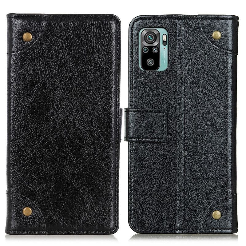 Leren Hoesje Xiaomi Redmi Note 10 / Note 10S Rood Zwart Telefoonhoesje Vintage Klinknagels In Nappaleer Stijl