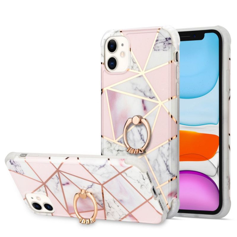 Case Hoesje iPhone 11 Roze Magenta Telefoonhoesje Geometrisch Marmer Met Steunring