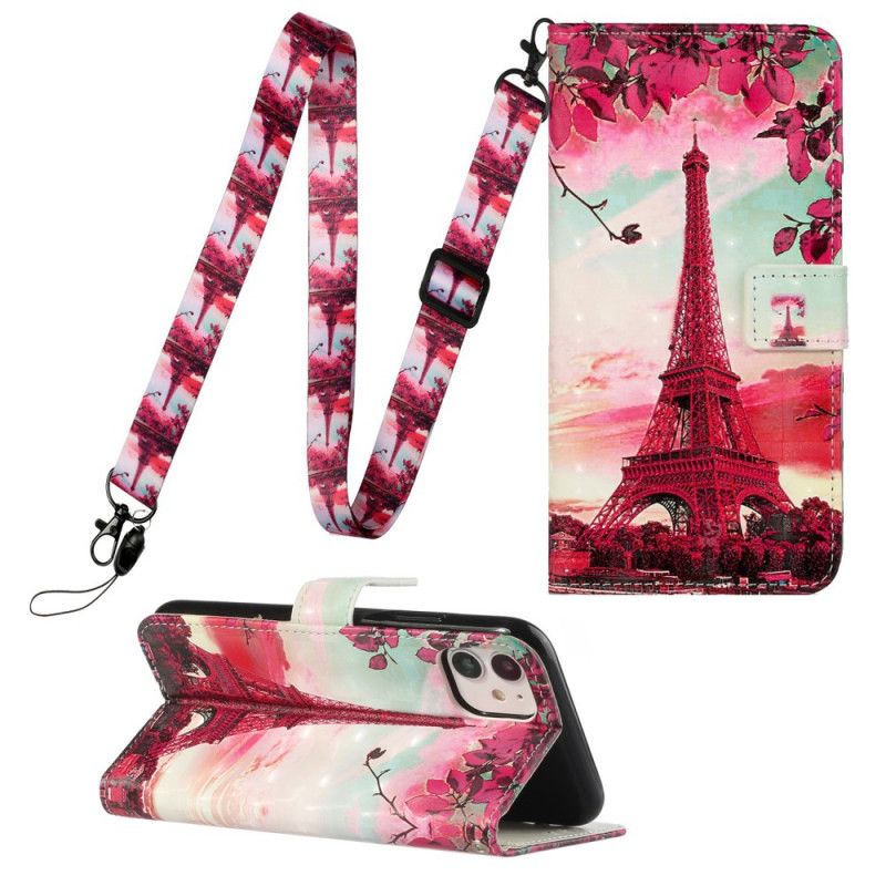 Flip Case Leren iPhone 11 Verstelbare Riem Van De Eiffeltoren