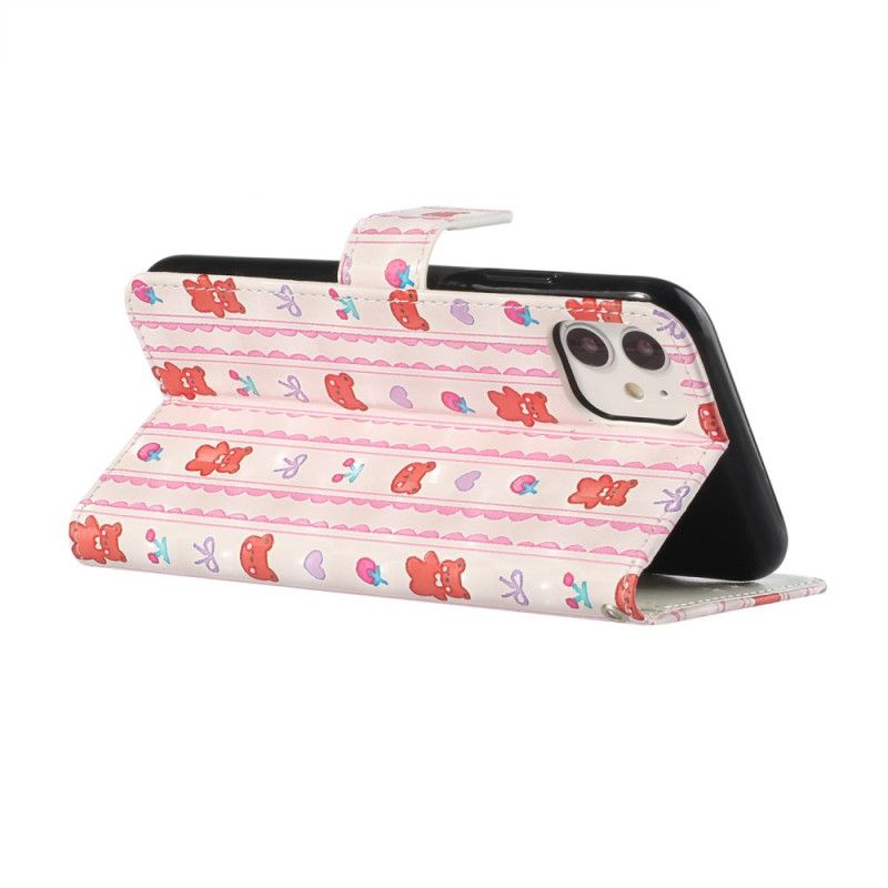 Flip Case Leren iPhone 11 Verstelbare Riem Van Teddybeer