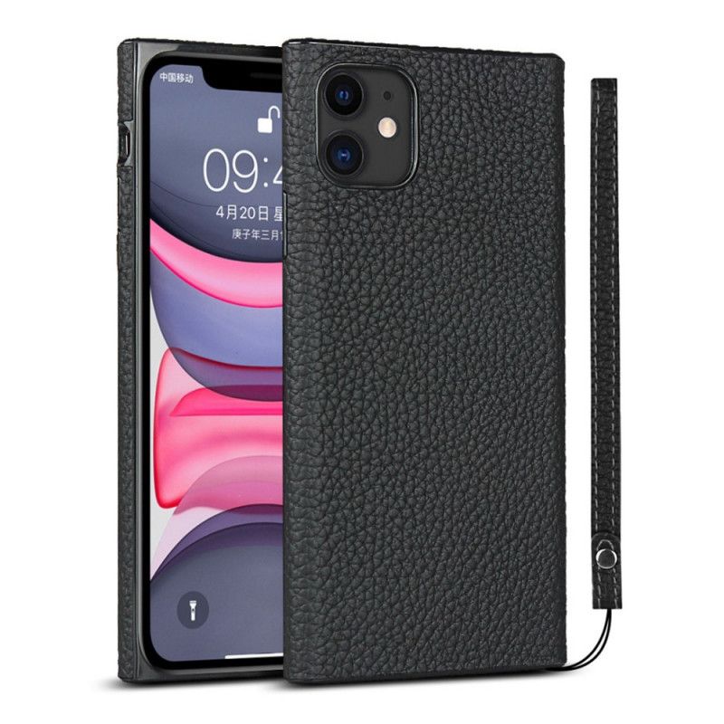 Hoesje voor iPhone 11 Grijs Zwart Echt Lychee Leer Met Riempje