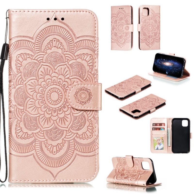 Leren Hoesje iPhone 11 Grijs Zwart Hele Mandala Met String