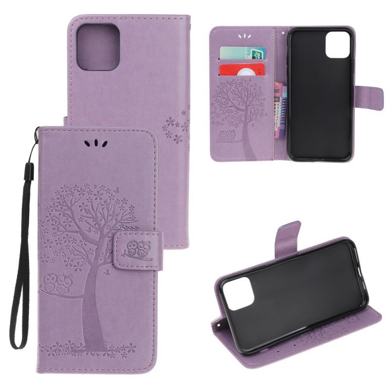 Leren Hoesje iPhone 11 Grijs Zwart Telefoonhoesje Boom En String Uilen