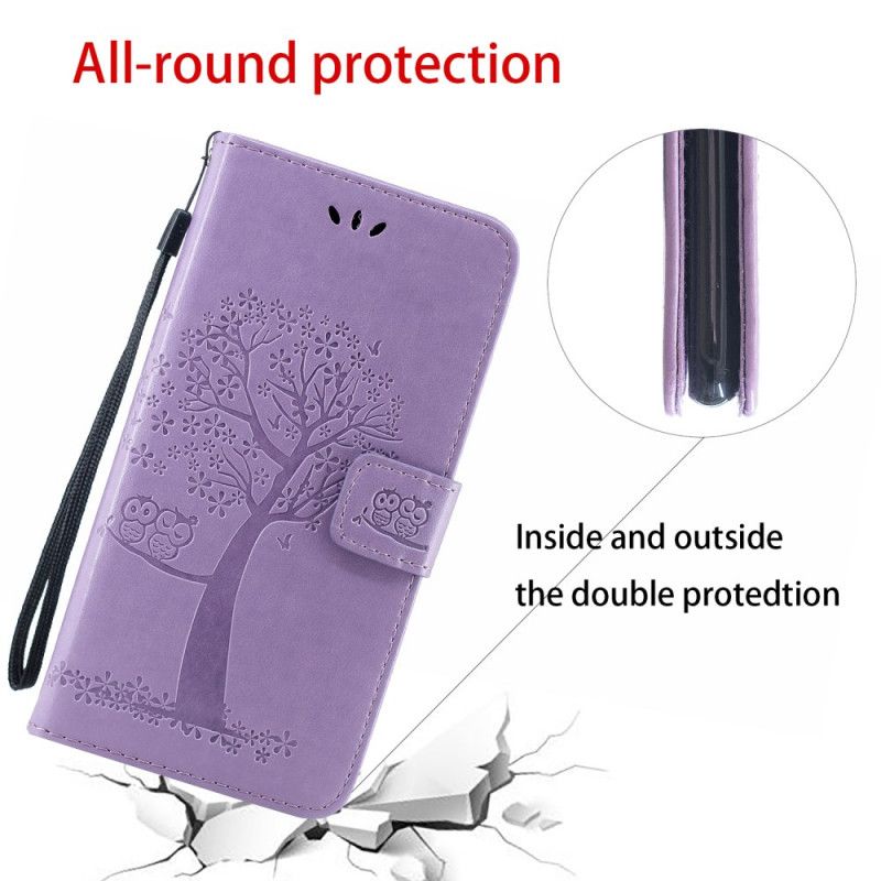 Leren Hoesje iPhone 11 Grijs Zwart Telefoonhoesje Boom En String Uilen