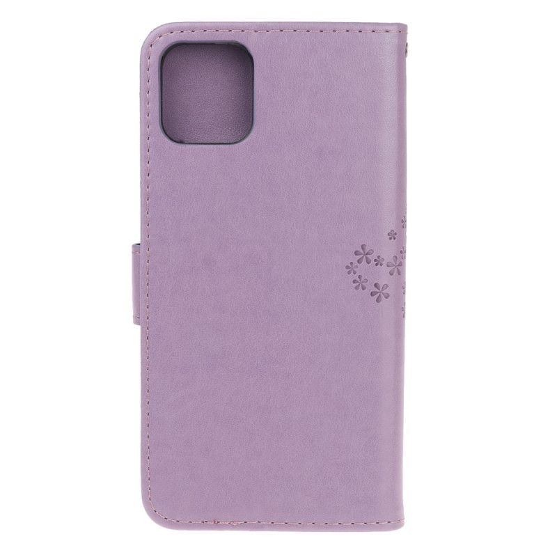 Leren Hoesje iPhone 11 Grijs Zwart Telefoonhoesje Boom En String Uilen