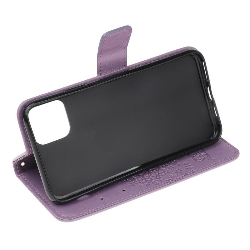 Leren Hoesje iPhone 11 Grijs Zwart Telefoonhoesje Boom En String Uilen