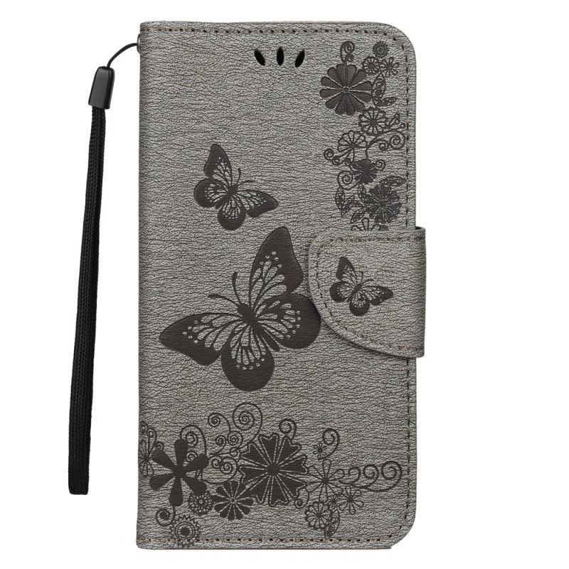 Leren Hoesje voor iPhone 11 Grijs Zwart Prachtige String Vlinders