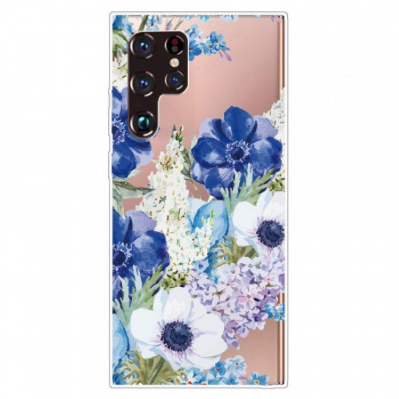 Hoesje voor Samsung Galaxy S22 Ultra 5G Waterverf Blauwe Bloemen