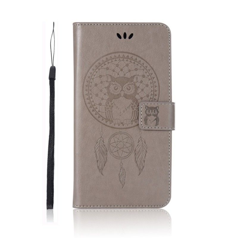 Cover Folio-hoesje Honor 10 Lite Grijs Zwart Telefoonhoesje Uil Dromenvanger Met Leereffect