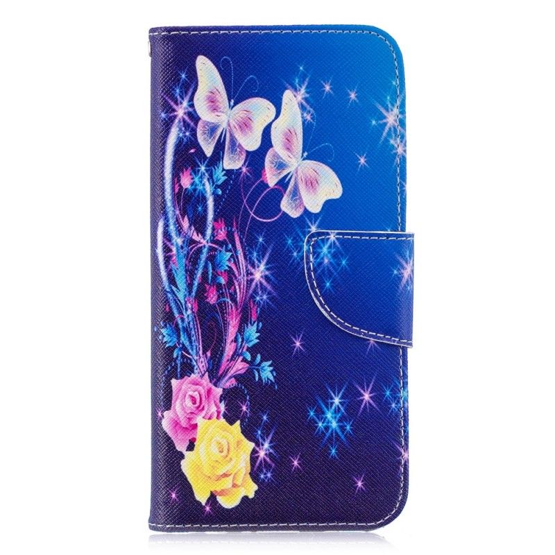 Leren Hoesje Honor 10 Lite Lichtblauw Roze Vlinders In De Nacht