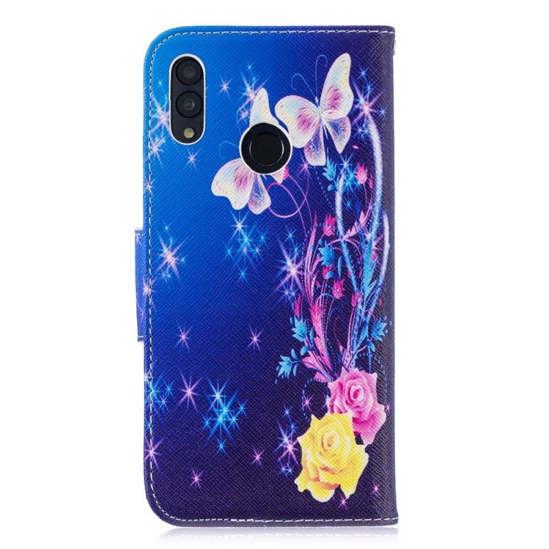 Leren Hoesje Honor 10 Lite Lichtblauw Roze Vlinders In De Nacht