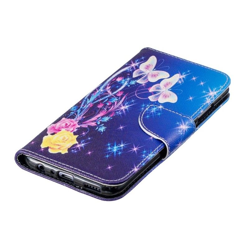 Leren Hoesje Honor 10 Lite Lichtblauw Roze Vlinders In De Nacht