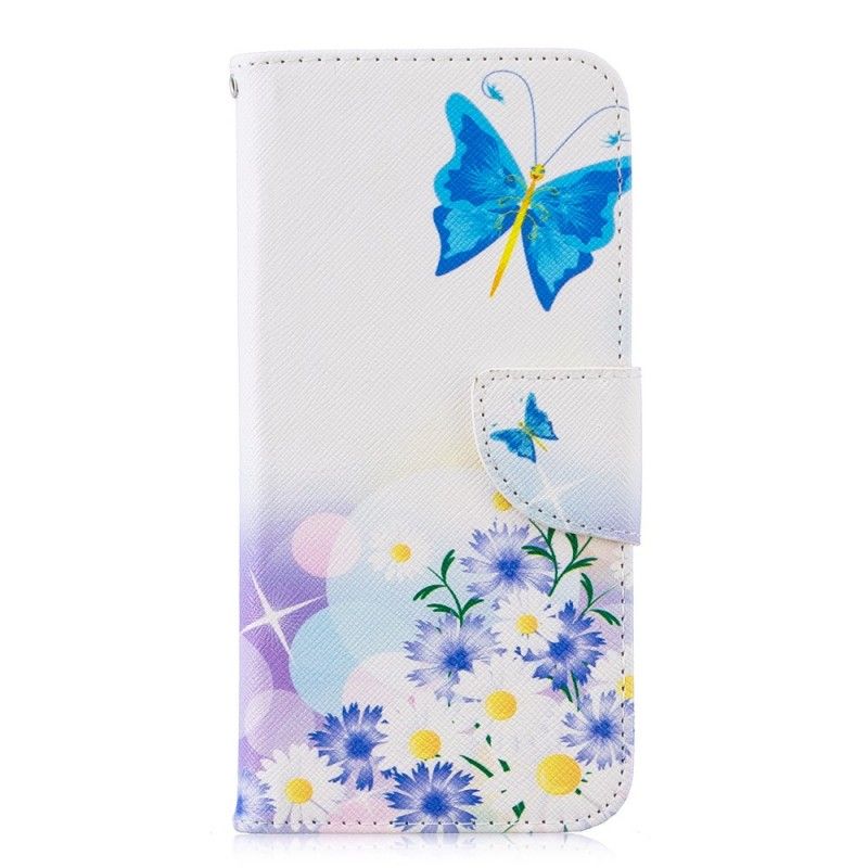 Leren Hoesje voor Honor 10 Lite Lichtblauw Geschilderde Vlinders En Bloemen