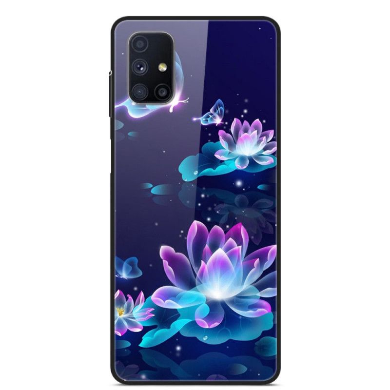 Hoesje Samsung Galaxy M51 Marineblauw Donkerblauw Decoratieve Bloemen Van Gehard Glas