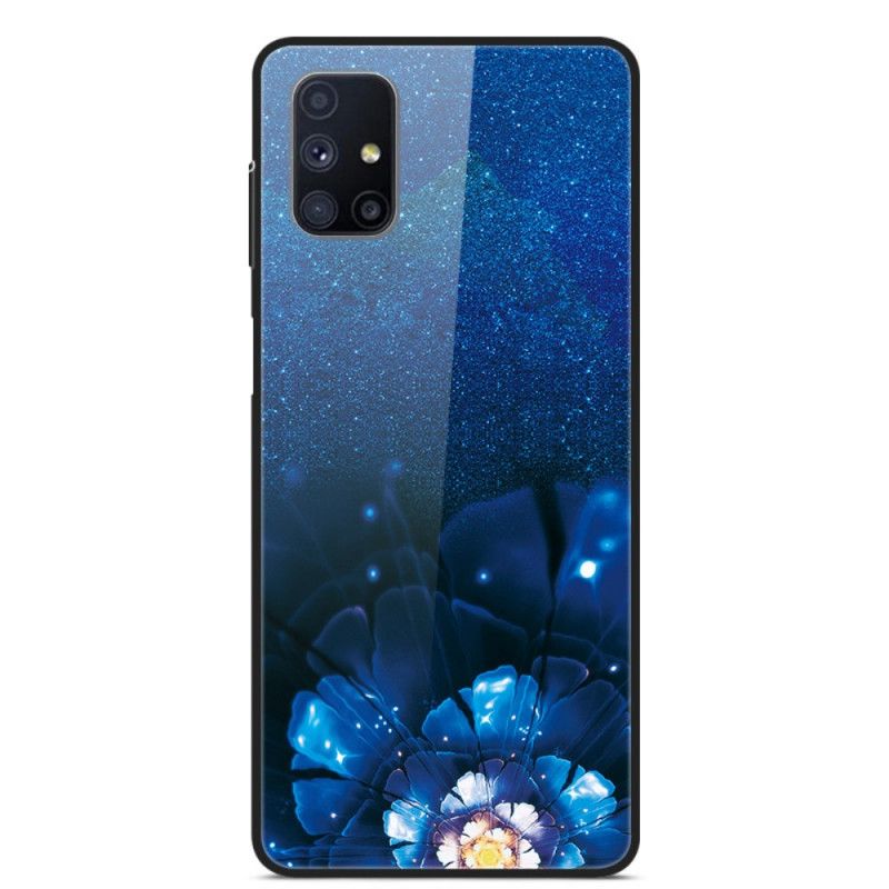 Hoesje Samsung Galaxy M51 Marineblauw Donkerblauw Decoratieve Bloemen Van Gehard Glas