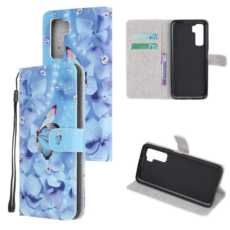 Bescherming Hoesje Huawei P40 Lite 5G Telefoonhoesje Diamanten Vlinders Met String