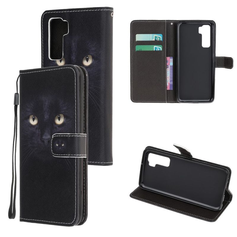 Bescherming Hoesje Huawei P40 Lite 5G Telefoonhoesje Zwarte Kattenogen Met String