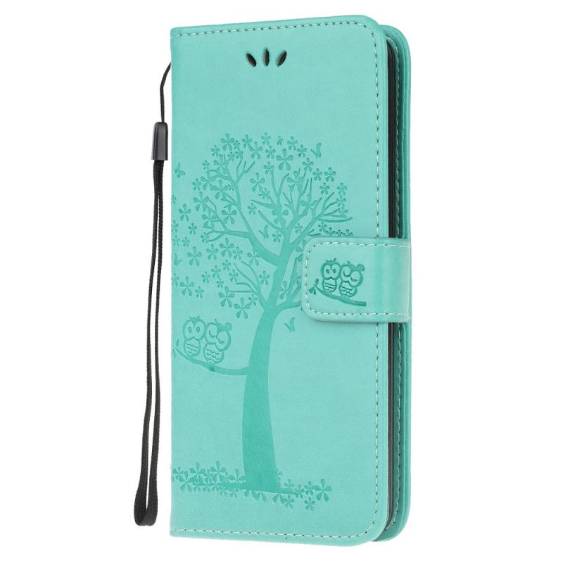 Flip Case Leren Huawei P40 Lite 5G Cyaan Zwart Boom En Uilen Met String