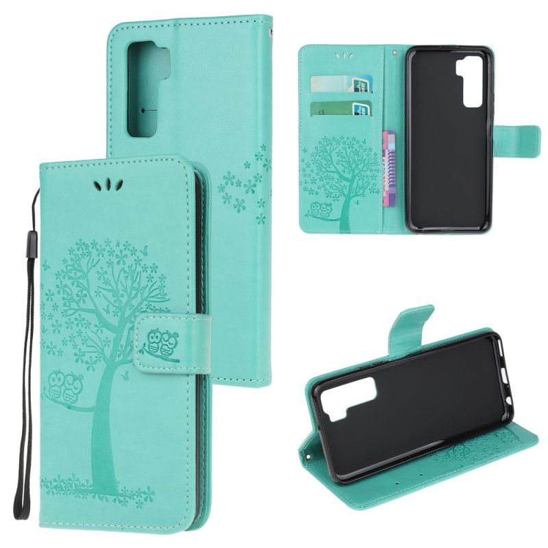 Flip Case Leren Huawei P40 Lite 5G Cyaan Zwart Boom En Uilen Met String
