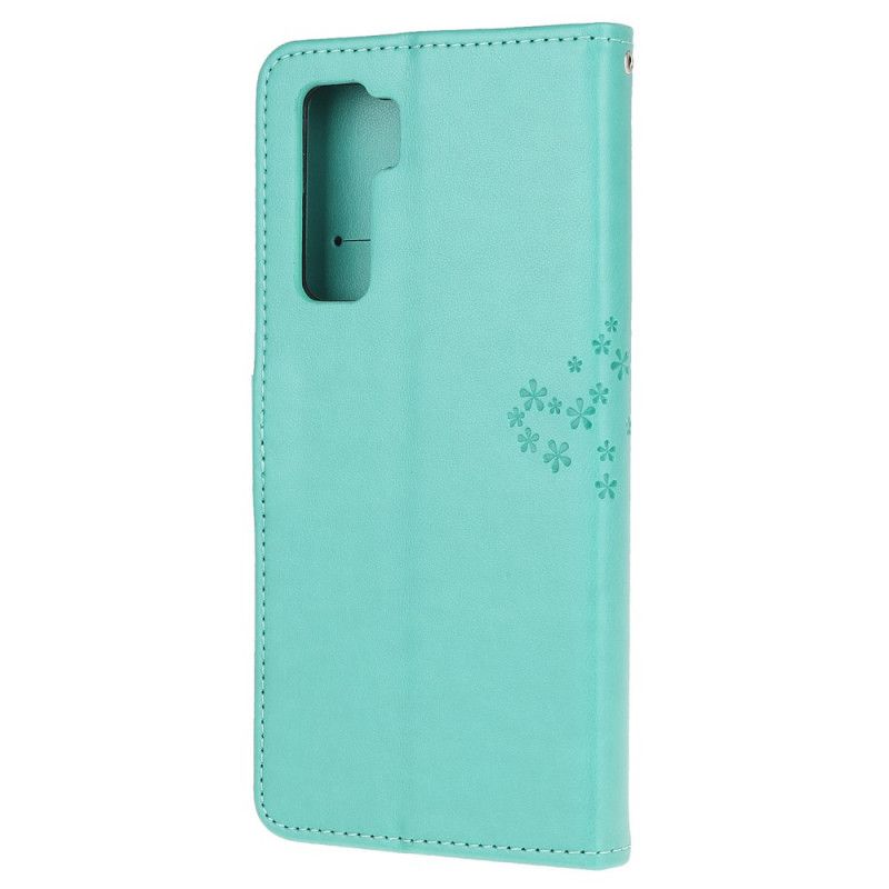 Flip Case Leren Huawei P40 Lite 5G Cyaan Zwart Boom En Uilen Met String