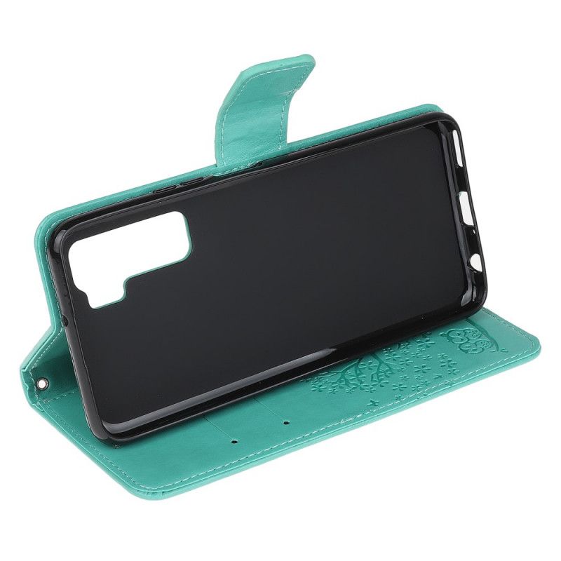 Flip Case Leren Huawei P40 Lite 5G Cyaan Zwart Boom En Uilen Met String