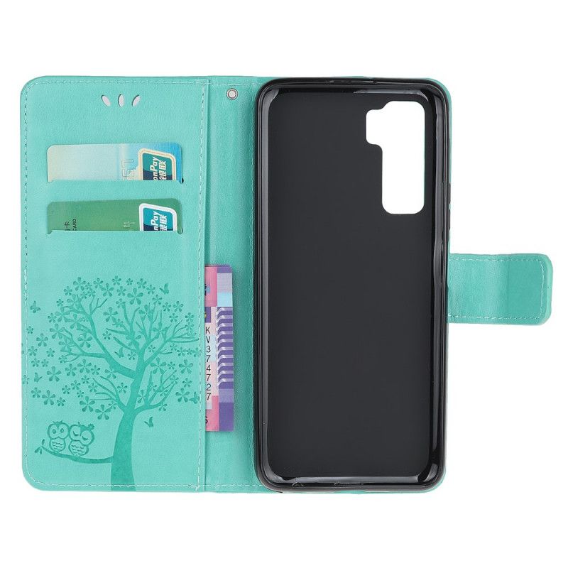 Flip Case Leren Huawei P40 Lite 5G Cyaan Zwart Boom En Uilen Met String