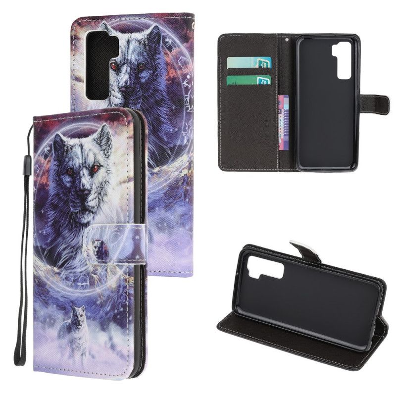 Flip Case Leren Huawei P40 Lite 5G Wolf In De Winter Met String