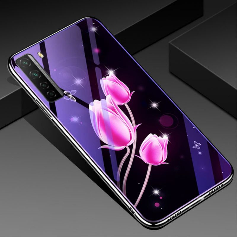 Hoesje Huawei P40 Lite 5G Violet Magenta Gehard Glas En Bloemensilicone