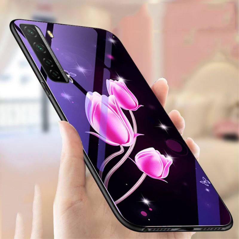 Hoesje Huawei P40 Lite 5G Violet Magenta Gehard Glas En Bloemensilicone