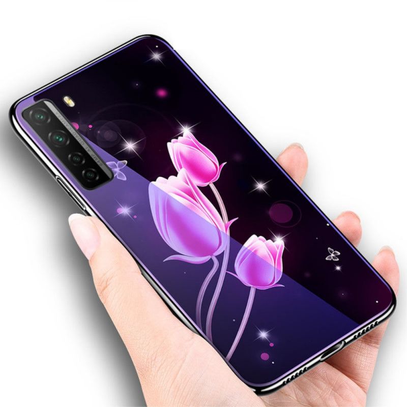 Hoesje Huawei P40 Lite 5G Violet Magenta Gehard Glas En Bloemensilicone