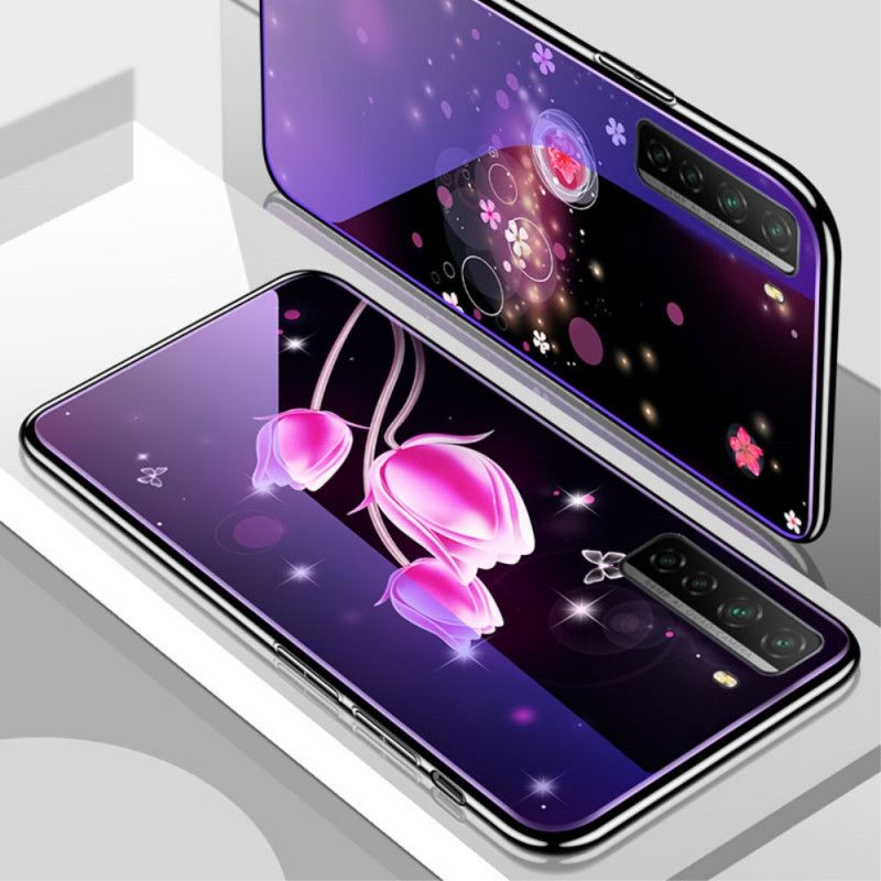 Hoesje Huawei P40 Lite 5G Violet Magenta Gehard Glas En Bloemensilicone