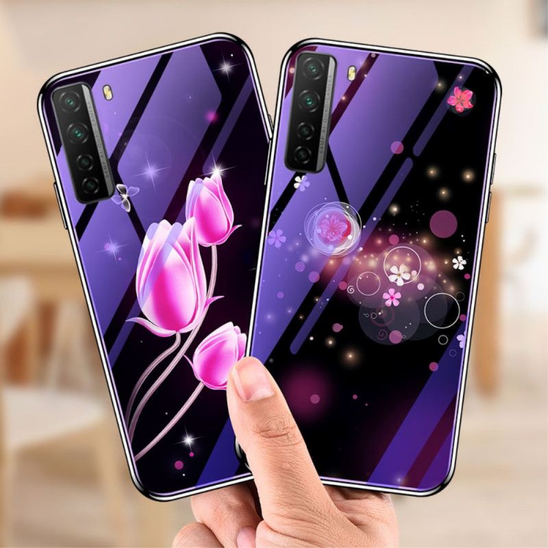 Hoesje Huawei P40 Lite 5G Violet Magenta Gehard Glas En Bloemensilicone