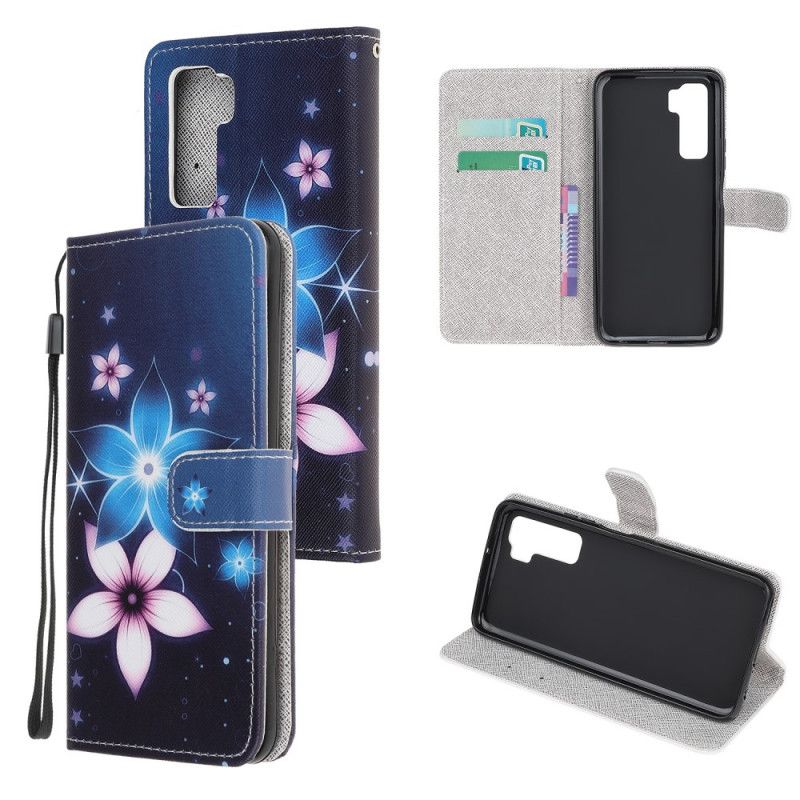 Leren Hoesje Huawei P40 Lite 5G Telefoonhoesje Maanbloemen Met String