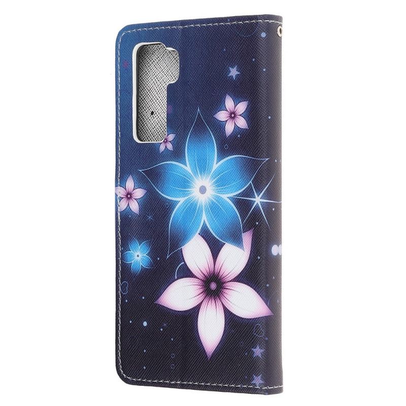 Leren Hoesje Huawei P40 Lite 5G Telefoonhoesje Maanbloemen Met String