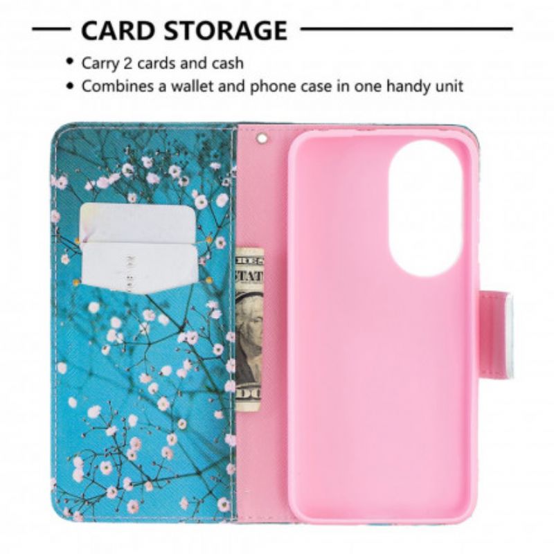 Leren Hoesje Huawei P50 Bloeiende Boom Bescherming Hoesje